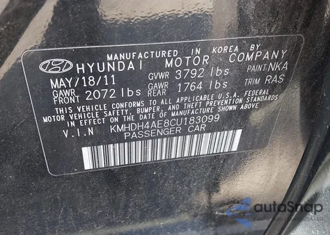 2012 Hyundai Elantra Gls (Ulsan Plant) z USA, uszkodzony, nr VIN KMHDH4AE8CU183099